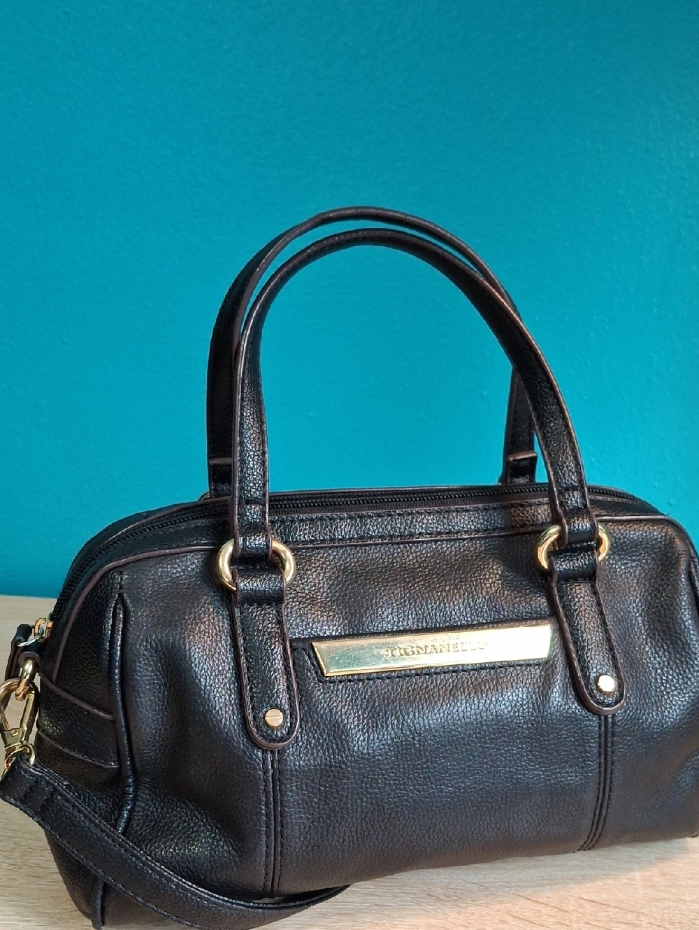 Tignanello Main Street Black Leather Satchel with Gold Accents